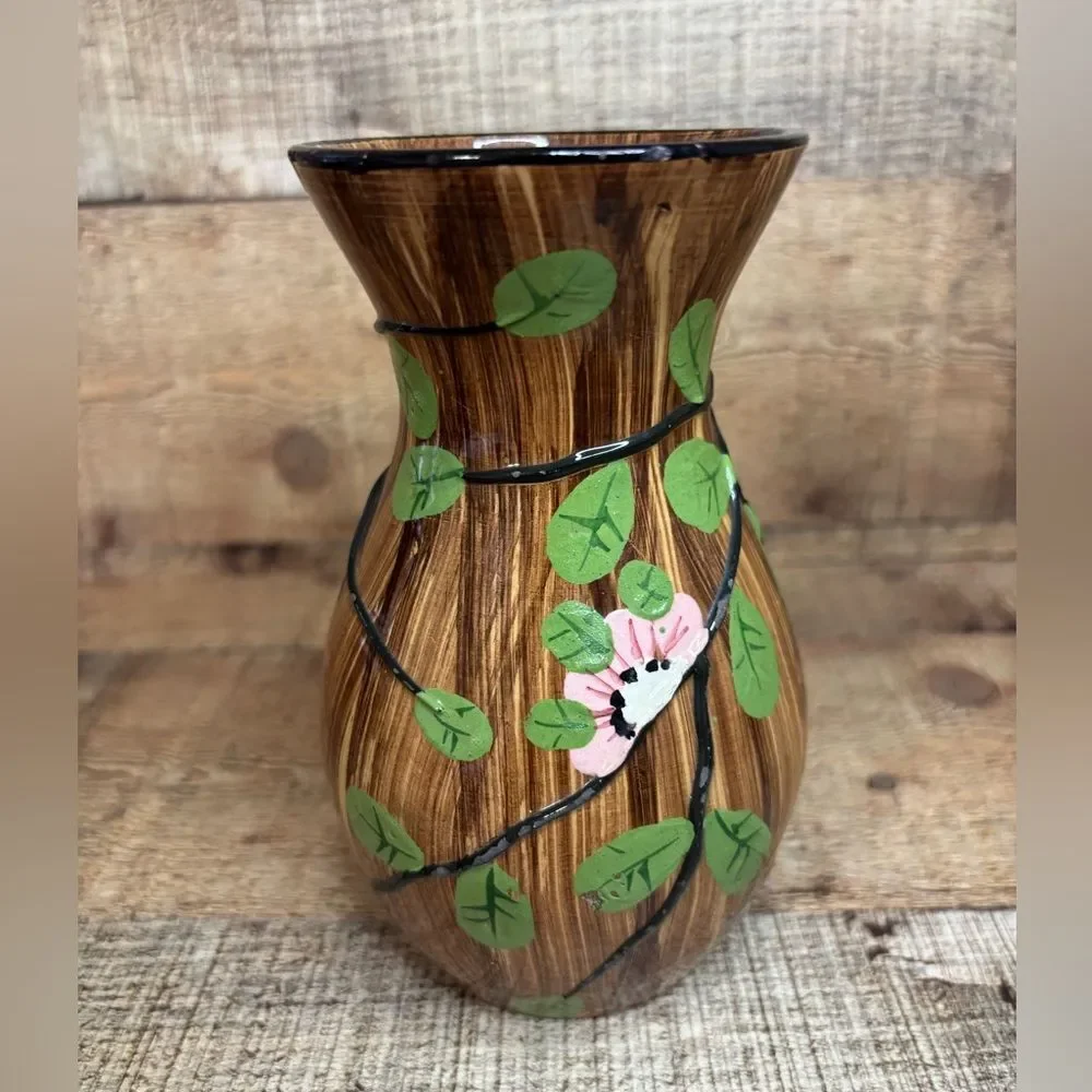 Vintage NSP Hand Painted Pottery Made in Italy Brown Floral 6.5” Pink Flowers